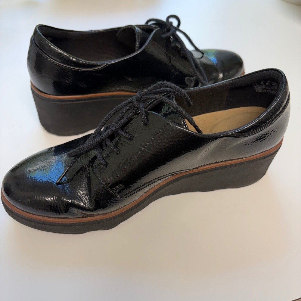 Clarks Black Patent Leather Wedge Oxfords Shoes Womens 8.5 M Comfort Chunky Heel